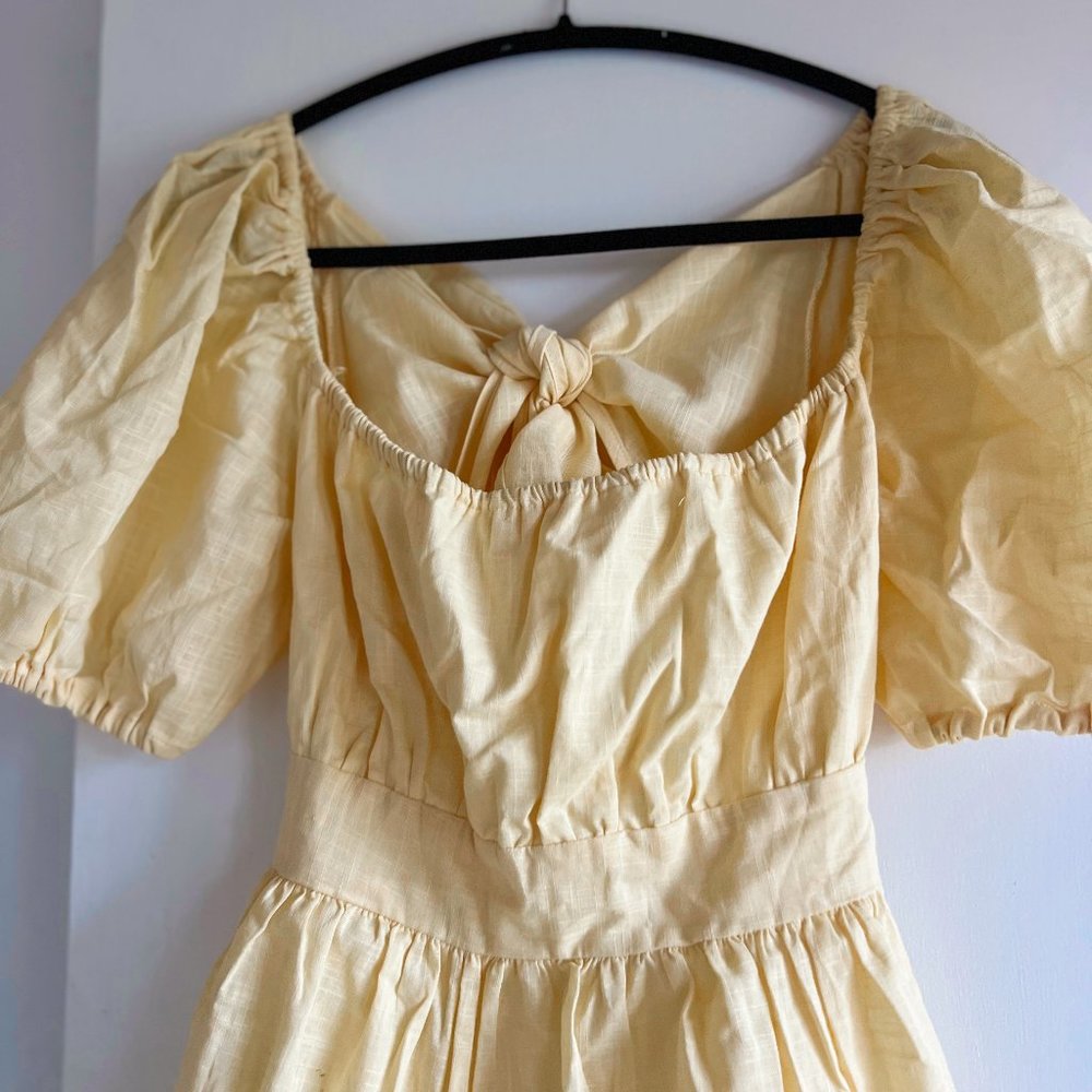 Shein Lemon Yellow Linen Puffy Sleeve Mini Dress with Tie Back Bow